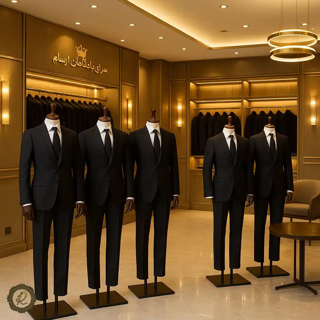 نمای لوکس از سالن سرای پادشاهان آرسام با کتوشلوارهای مشکی و رسمی روی مانکنها