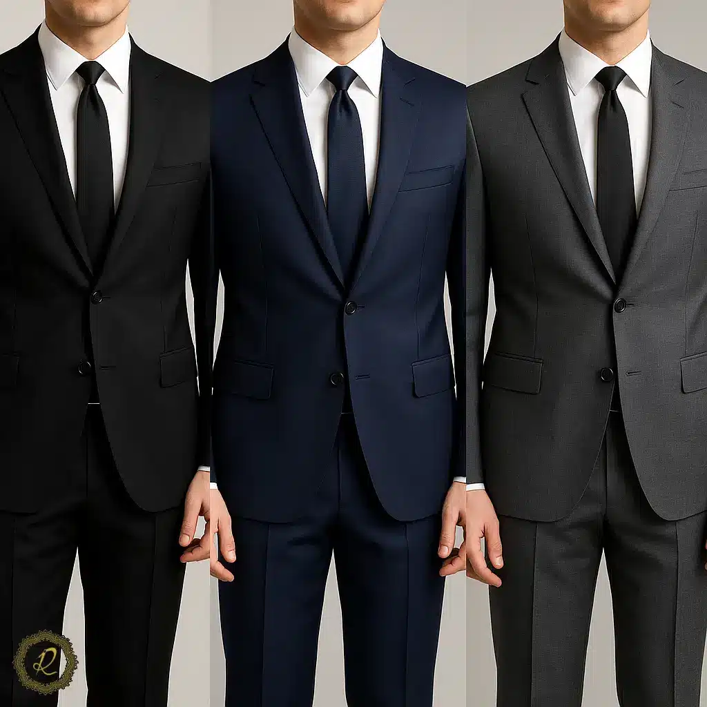 نمونه رنگ‌های مختلف کت‌وشلوار مردانه شامل مشکی، سرمه‌ای و خاکستری