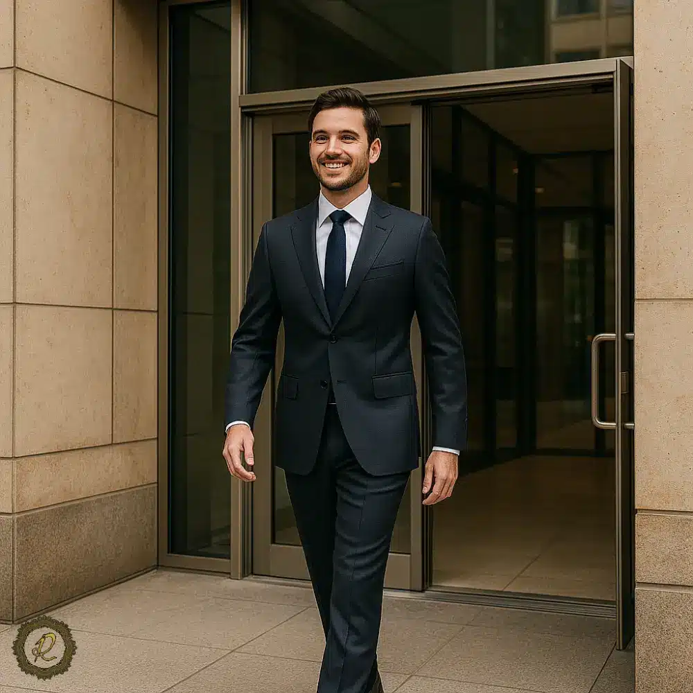 بهترین رنگهای کتوشلوار برای مصاحبه شغلی 7 مردی با کتوشلوار سفارشی آرسام در حال خروج از ساختمان اداری با لبخند اطمینان