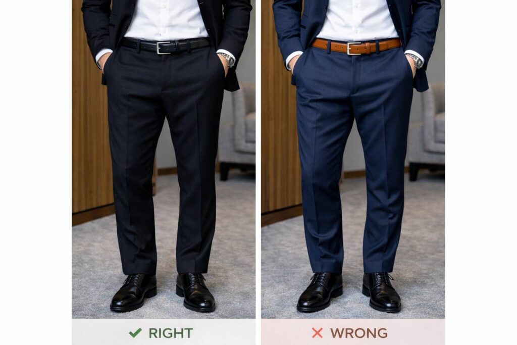 ست کردن کفش و کمربند با کت و شلوار 1 مقایسه ست درست کفش و کمربند همرنگ در کنار مثال ناهماهنگ