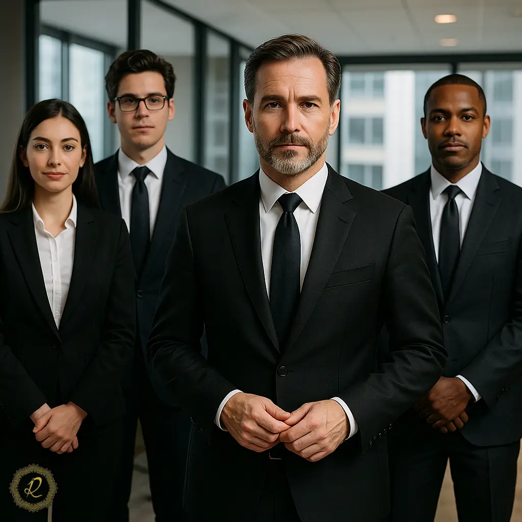 کارمندان و مدیران با کت‌وشلوار تیره در محیط کاری