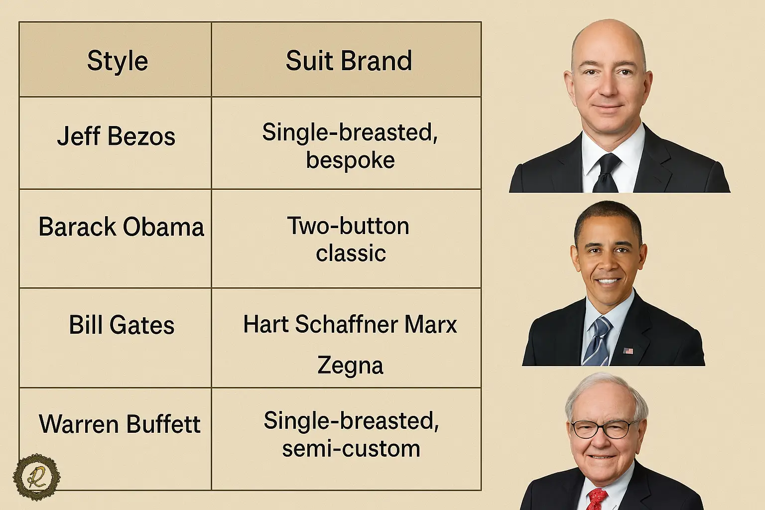  جدول مقایسه استایل کت‌وشلوار مدیران جهانی شامل جف بزوس، تیم کوک و ایلان ماسک