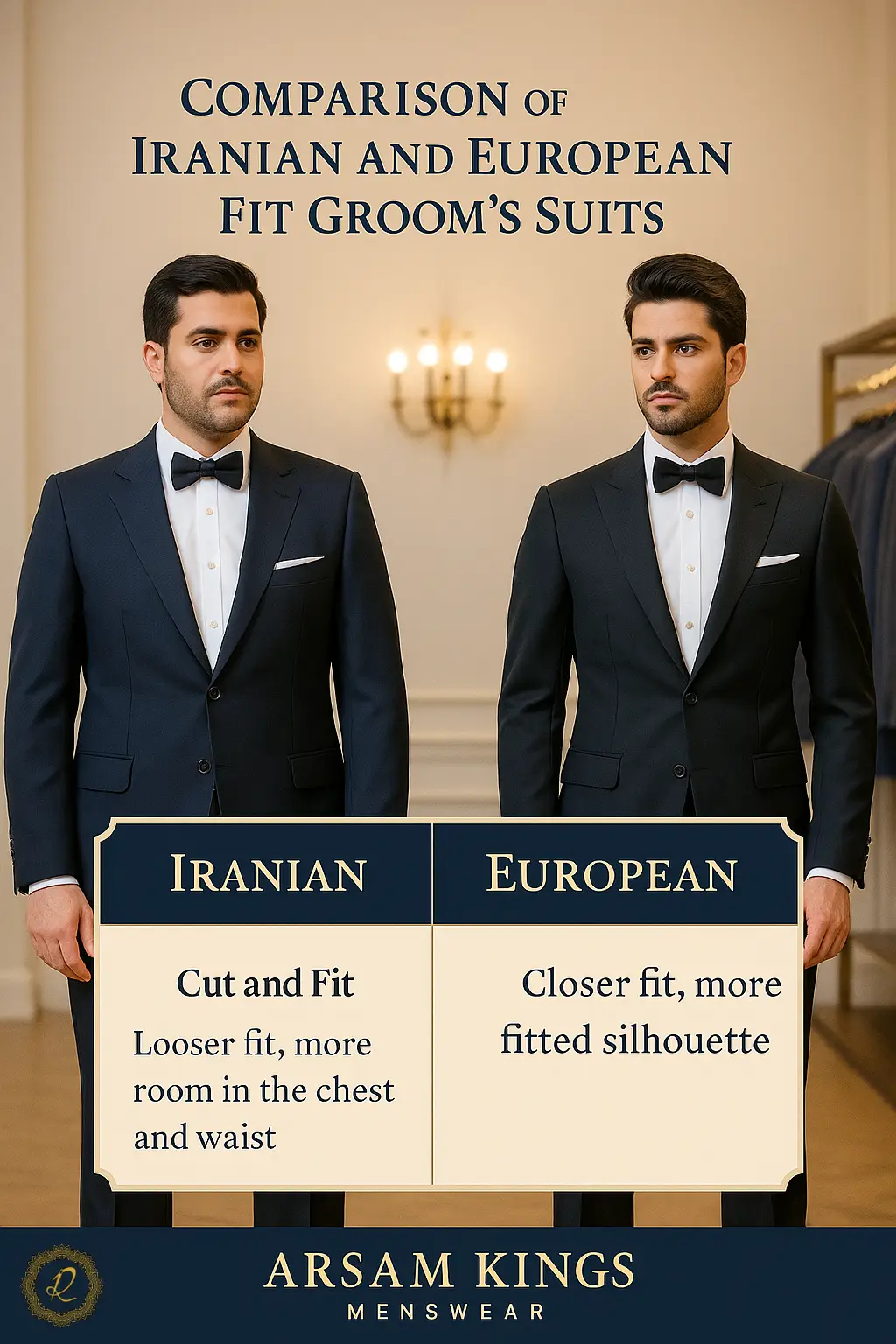 تفاوت کتوشلوار دامادی ایرانی و اروپایی 1 مقایسه برش و فیت کتوشلوار دامادی ایرانی و اروپایی در مزون سرای پادشاهان آرسام