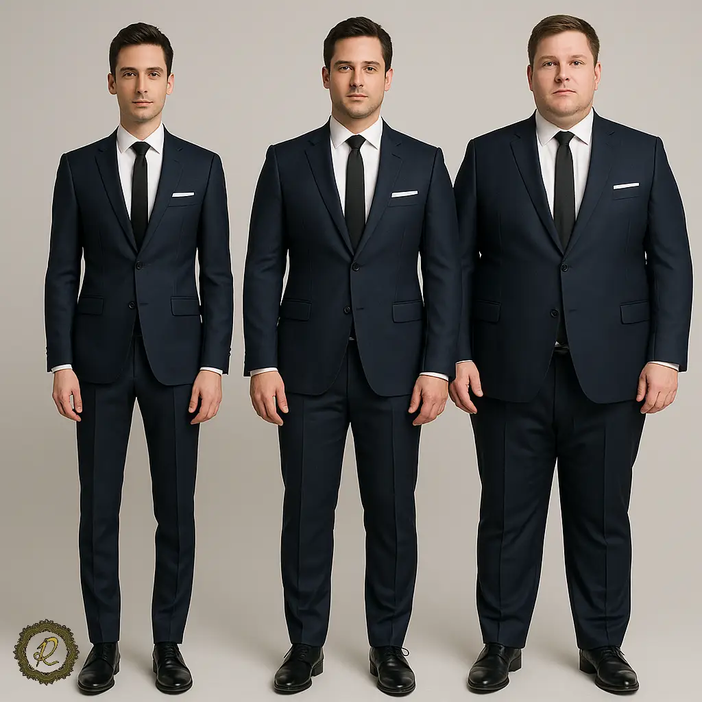  نمای سه مدل اندام مختلف مردانه (لاغر، متناسب، درشت) برای انتخاب مدل کت‌وشلوار اسلیم‌فیت