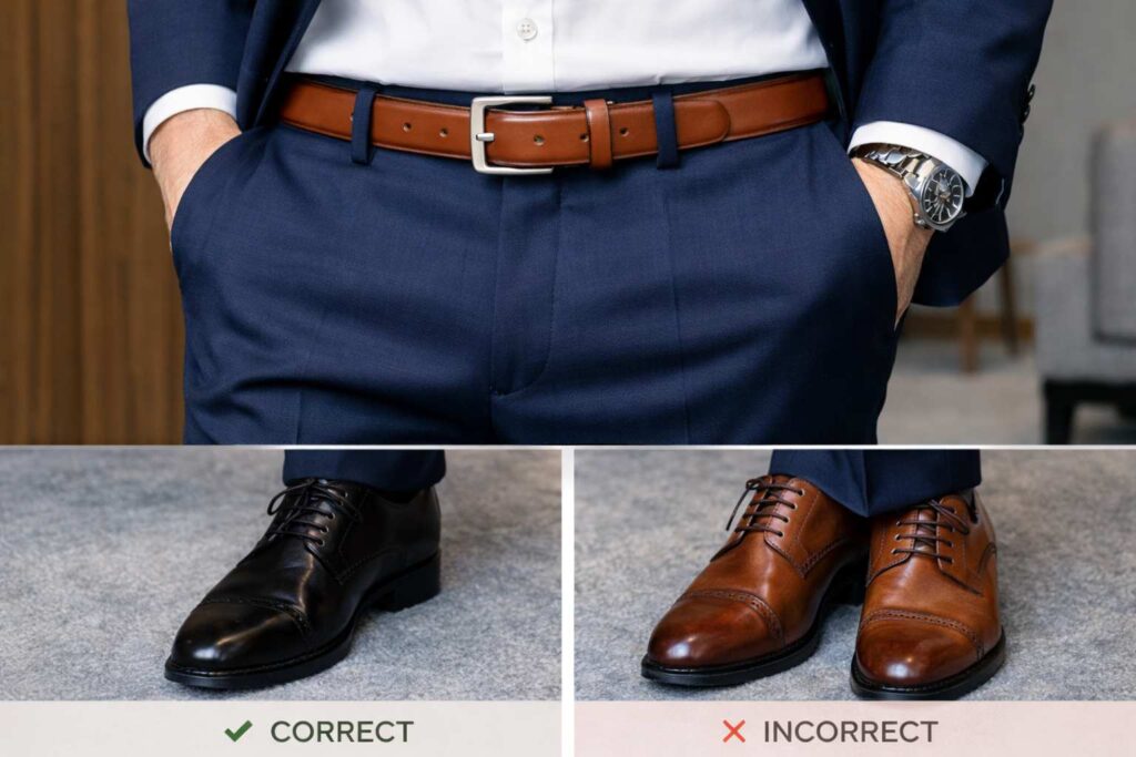 ست کردن کفش و کمربند با کت و شلوار 2 نمای نزدیک کفش چرمی و کمربند چرمی با سگک ساده مناسب کت و شلوار رسمی