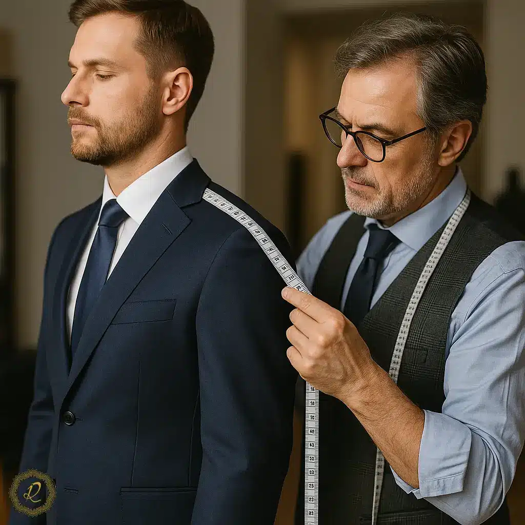 خیاط حرفه‌ای در حال اندازه‌گیری کت شلوار مردانه برای شخصی دوزی