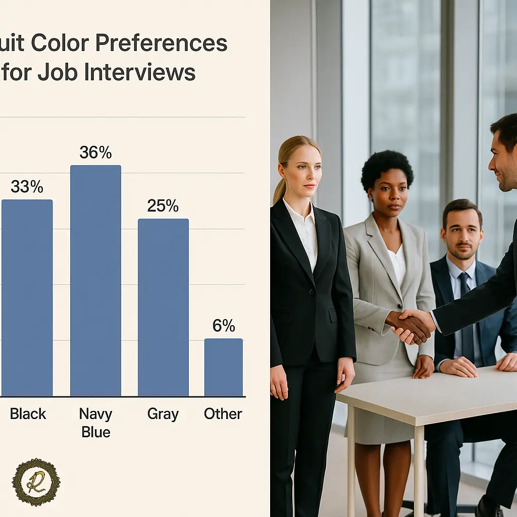 بهترین رنگهای کتوشلوار برای مصاحبه شغلی 1 نمودار و تصویر ترکیبی از مردان و زنان با کتوشلوارهای رنگی متفاوت (مشکی، سرمهای، خاکستری) در محیط مصاحبه