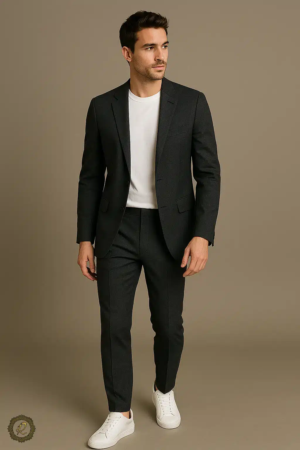 تفاوت کت شلوار کلاسیک و مدرن؛ کدام مناسب شماست؟ 2 کت شلوار مردانه مدرن با تیشرت کار سفید و کفش کتانی