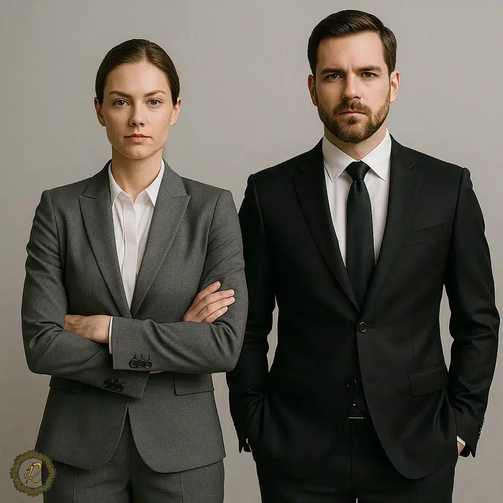 کت شلوار زنانه و کت شلوار مردانه در رنگ‌های هماهنگ و رسمی