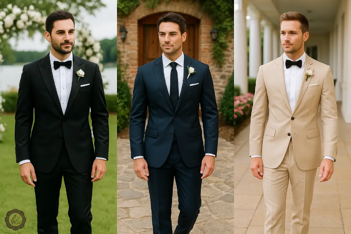 تفاوت کتوشلوار دامادی ایرانی و اروپایی 3 دامادهایی با کتوشلوار مشکی، سرمهای و بژ در محیطهای مختلف مراسم عروسی