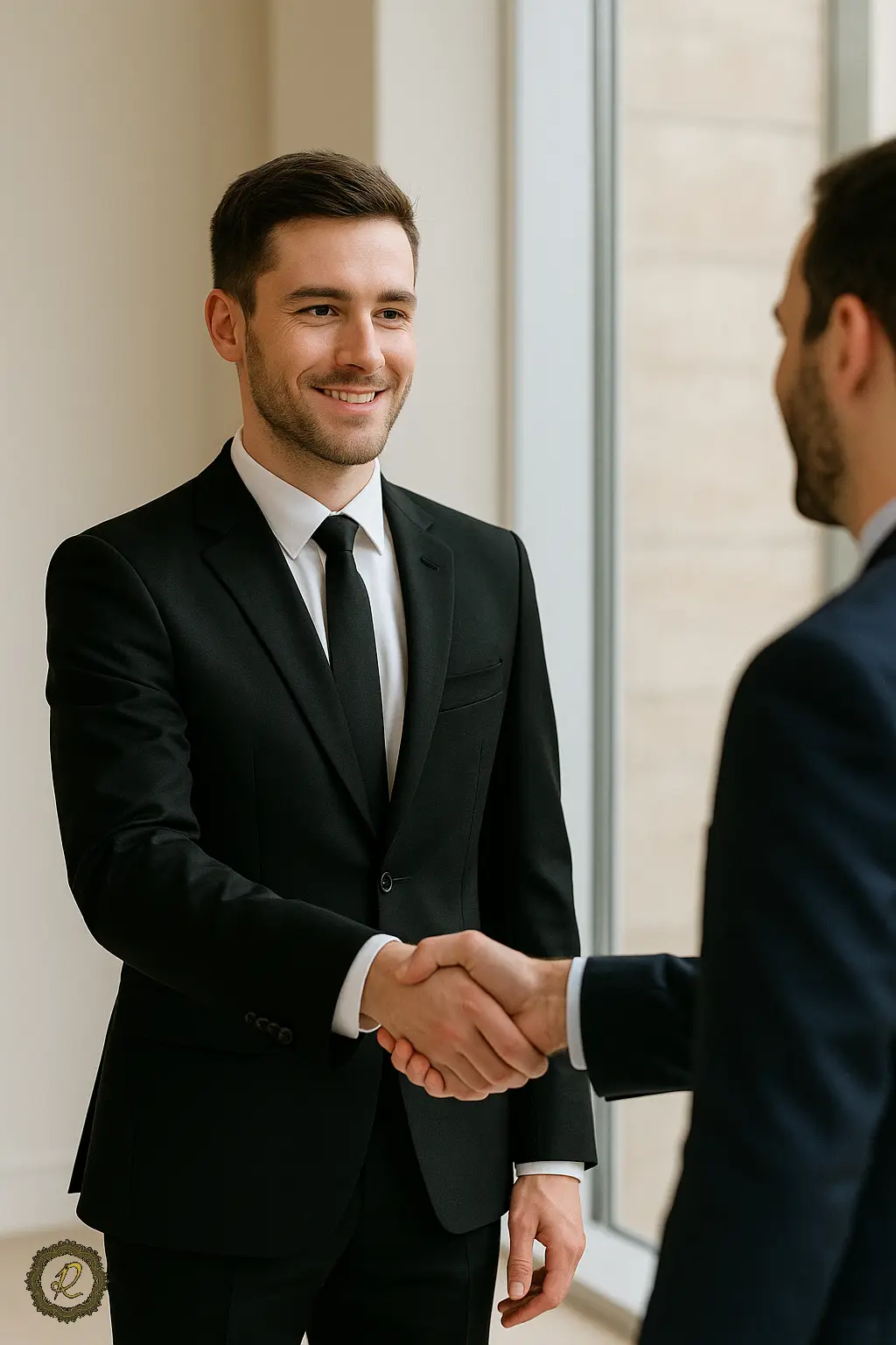 بهترین رنگهای کتوشلوار برای مصاحبه شغلی 2 مردی با کتوشلوار مشکی کلاسیک در حال دست دادن با مصاحبهگر