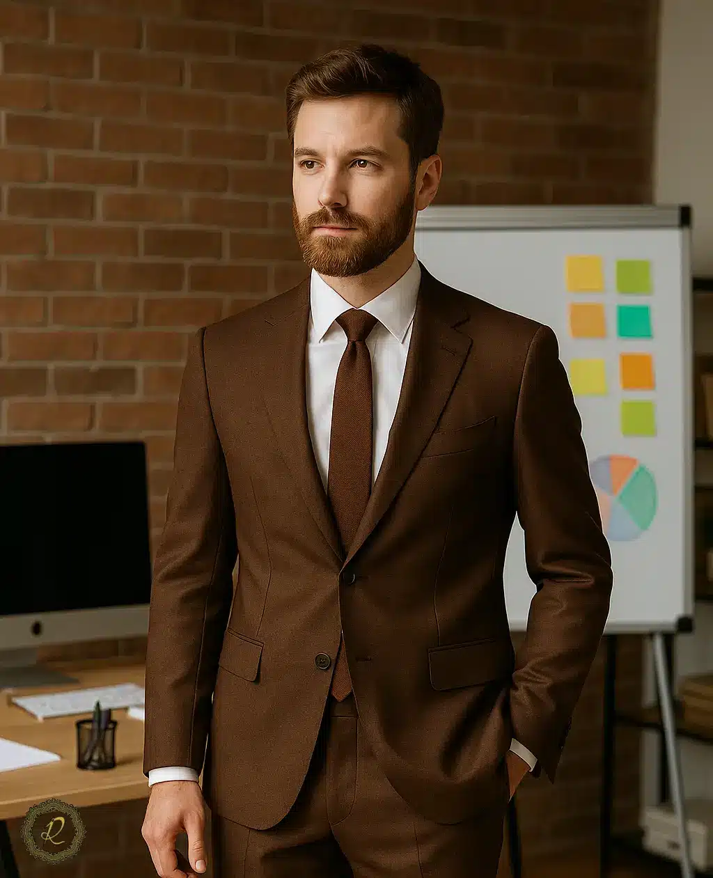 ۷ نکته برای انتخاب رنگ کتشلوار در محیطهای اداری 4 کتوشلوار قهوهای در محیطهای خلاق مثل آژانس تبلیغاتی و طراحی