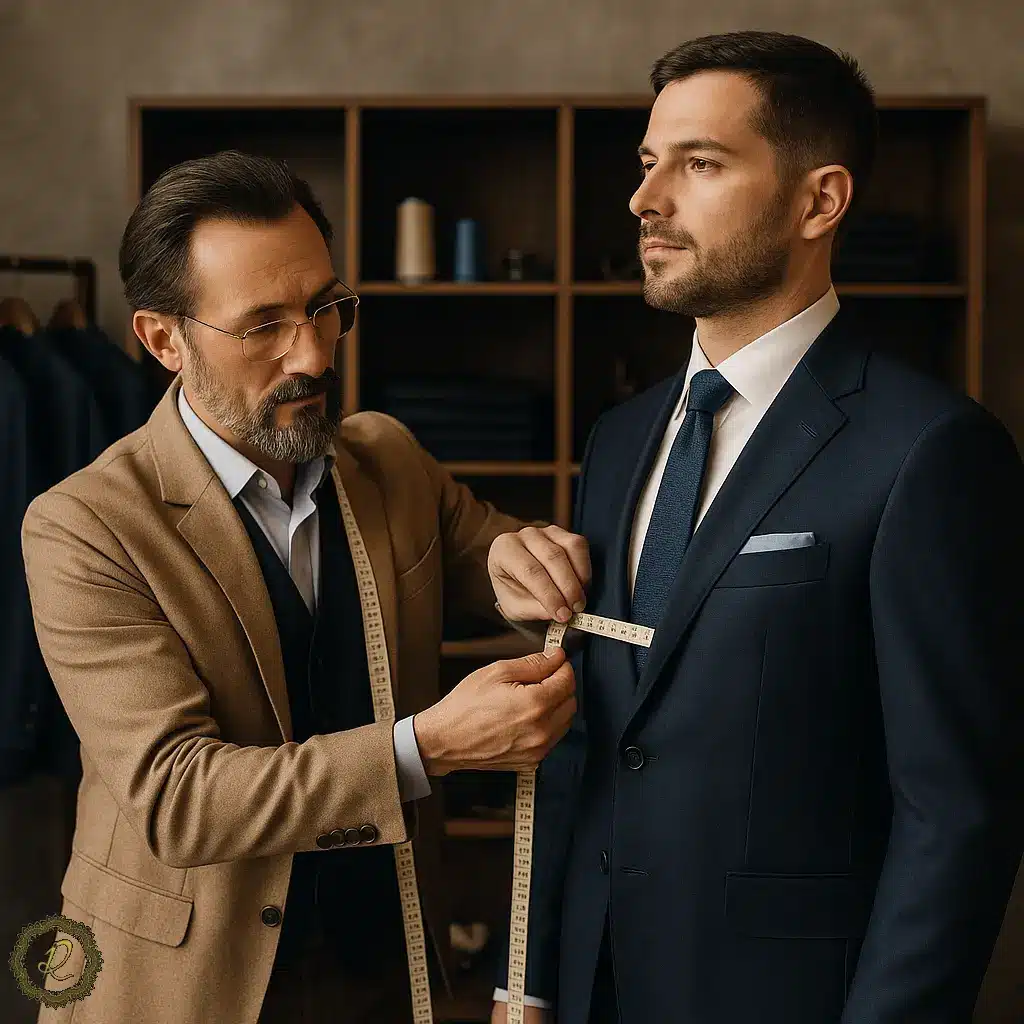  خیاط حرفه‌ای در حال اندازه‌گیری مشتری برای دوخت کت‌وشلوار شخصی‌دوزی‌شده