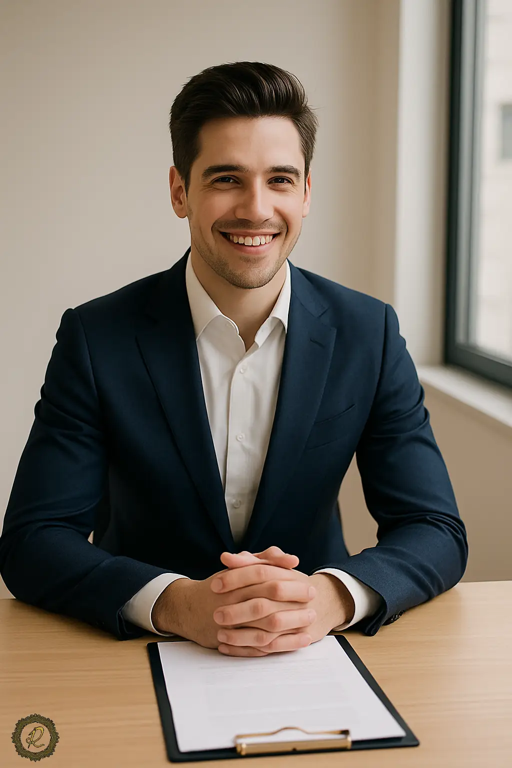 بهترین رنگهای کتوشلوار برای مصاحبه شغلی 3 جوانی با کتوشلوار سرمهای فیتشده و لبخند حرفهای در اتاق مصاحبه