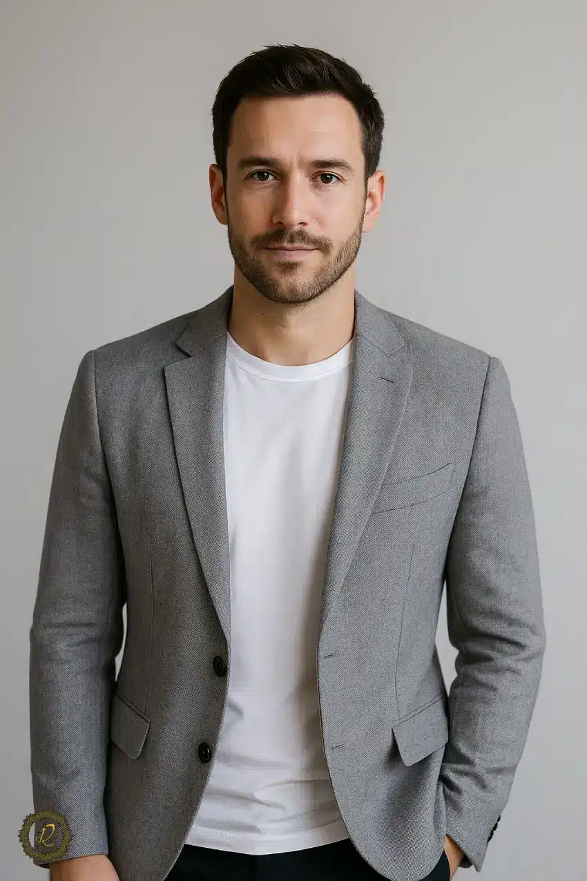 راهنمای انتخاب کت شلوار مناسب جلسات کاری مهم 5 تیشرت کار سفید با کت نیمهرسمی مردانه در محیط کاری مدرن