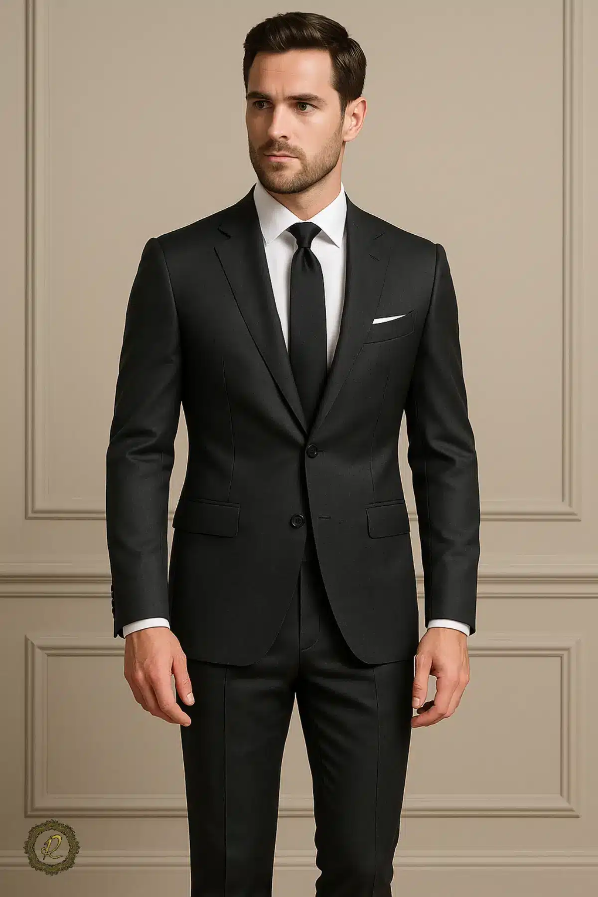  کت‌وشلوار اسلیم‌فیت نهایی بر تن مشتری با استایل رسمی و فیت دقیق