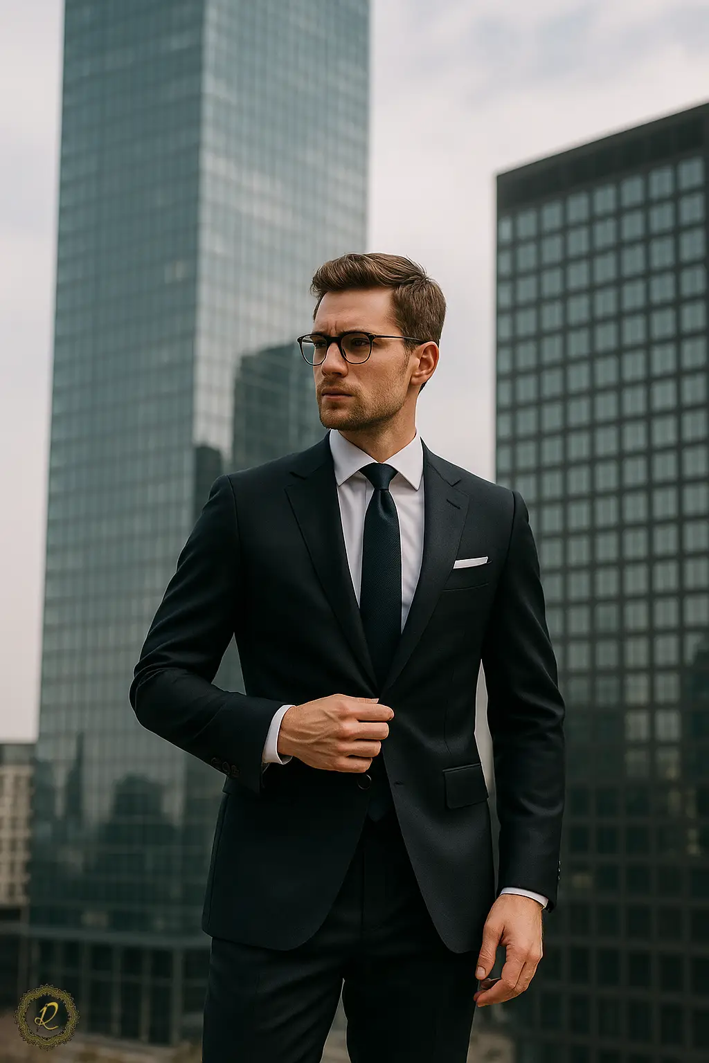 مرد خوش‌پوش با کت‌وشلوار شخصی‌دوزی در کنار آسمان‌خراش شهری