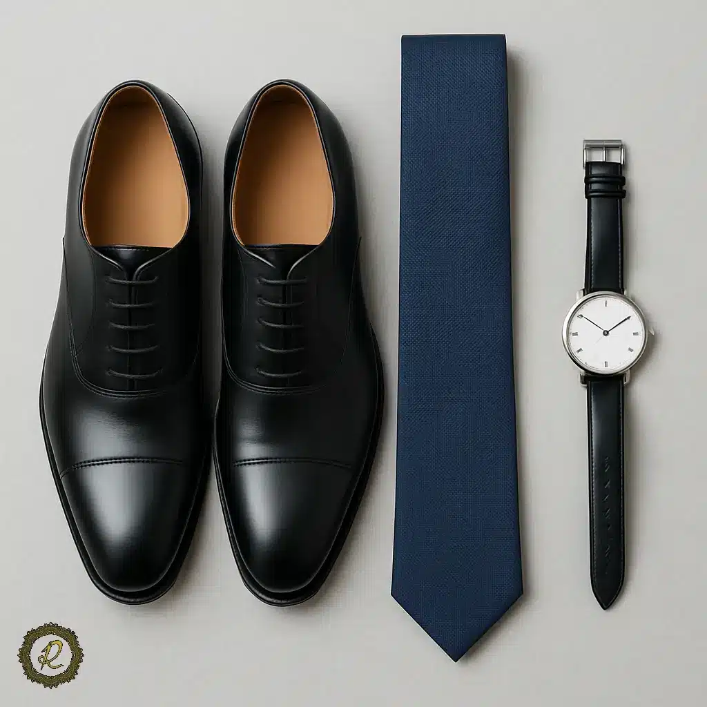 راهنمای انتخاب کتوشلوار برای مدیران جوان 5 کفش آکسفورد مشکی، کراوات سرمهای و ساعت ساده مردانه