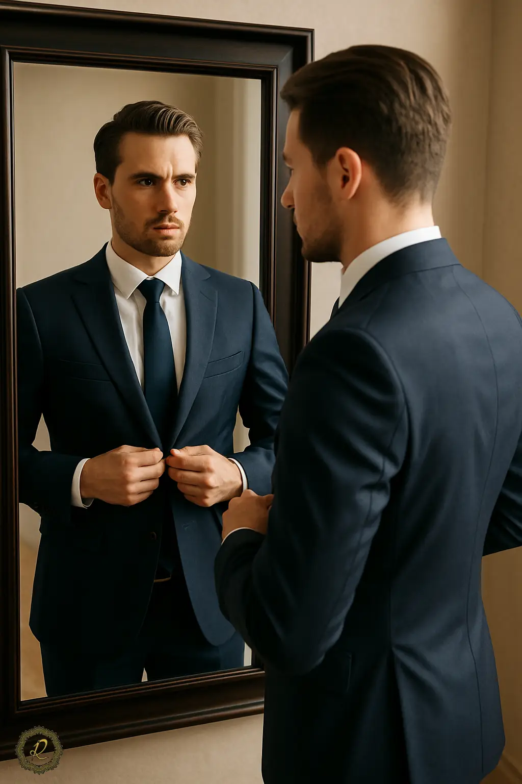 بهترین رنگهای کتوشلوار برای مصاحبه شغلی 5 مردی شیکپوش در آینه در حال مرتب کردن یقه کتوشلوار قبل از مصاحبه
