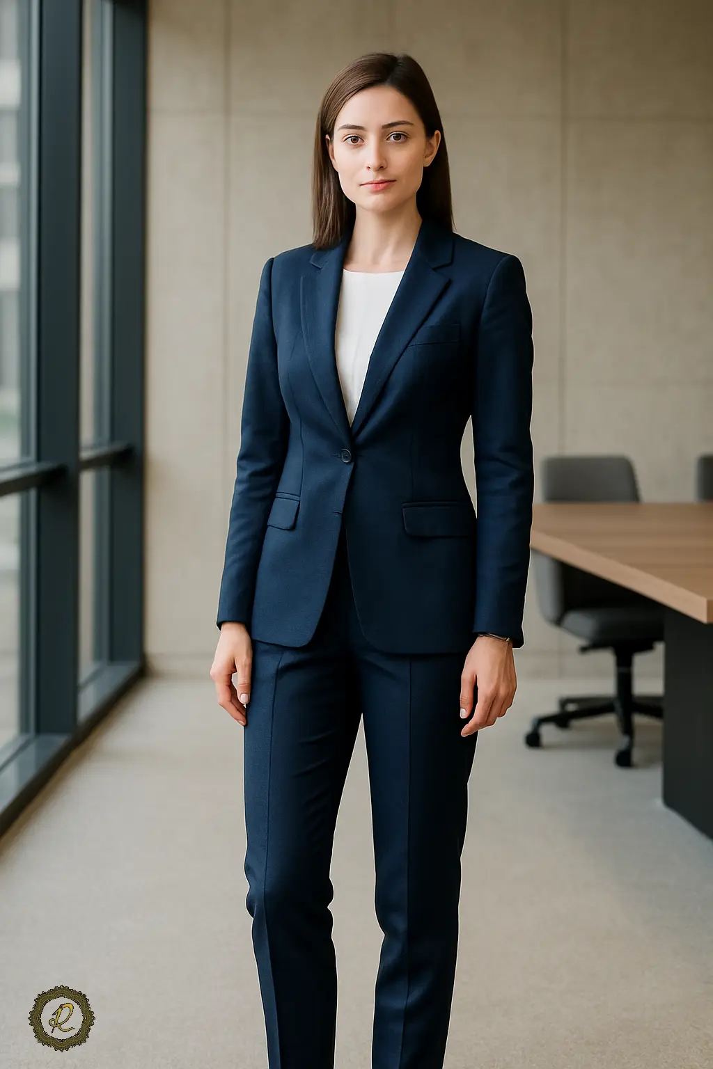 راهنمای انتخاب کتوشلوار برای مدیران جوان 6 مدیر جوان خانم با کت شلوار زنانه سرمهای در محیط اداری