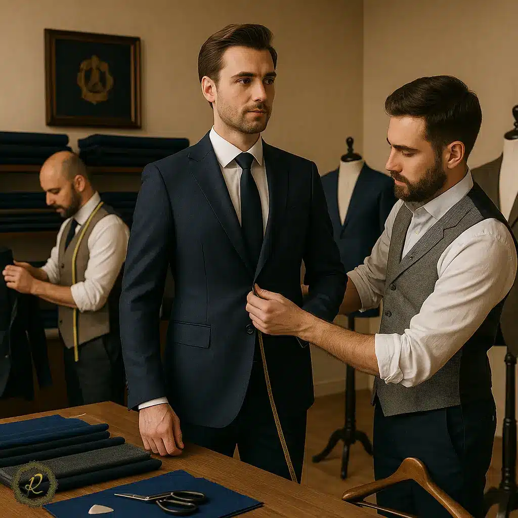 بهترین رنگهای کتوشلوار برای مصاحبه شغلی 6 کارگاه دوخت کتوشلوار سرای پادشاهان آرسام با خیاطان حرفهای در حال اندازهگیری مشتری