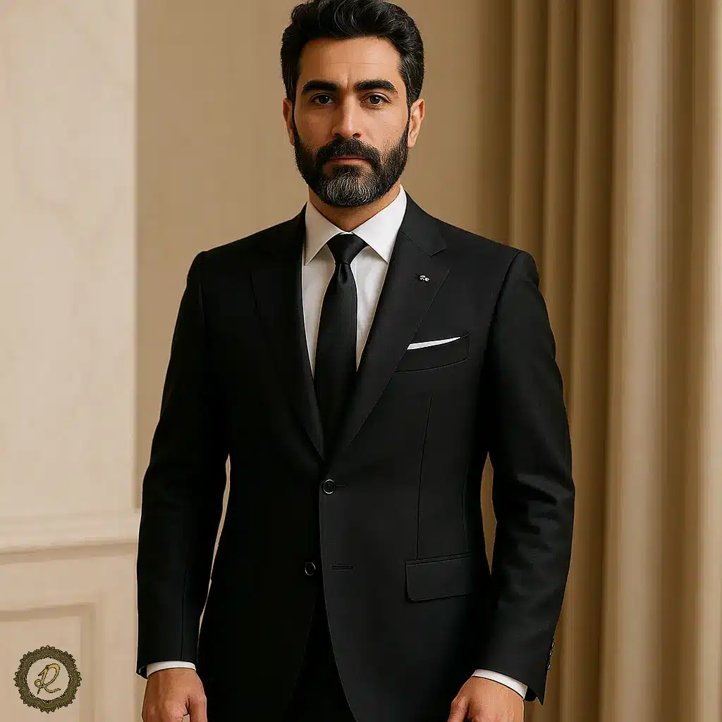 مرد ایرانی با کتوشلوار مشکی کلاسیک در جلسه رسمی – ترکیب سنت و مدرنیته