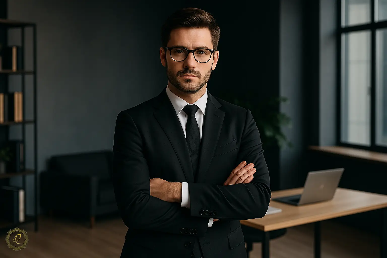 مدیر خوشپوش با کتوشلوار مشکی در دفتر کار مدرن