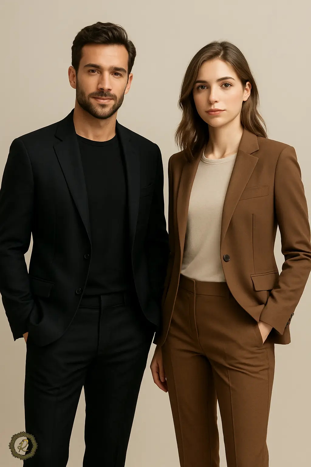 مرد و زن با کت شلوار مشکی و قهوه‌ای و تیشرت زیر کت، سبک کمتر پوشیدن در استایل رسمی ۲۰۲۶