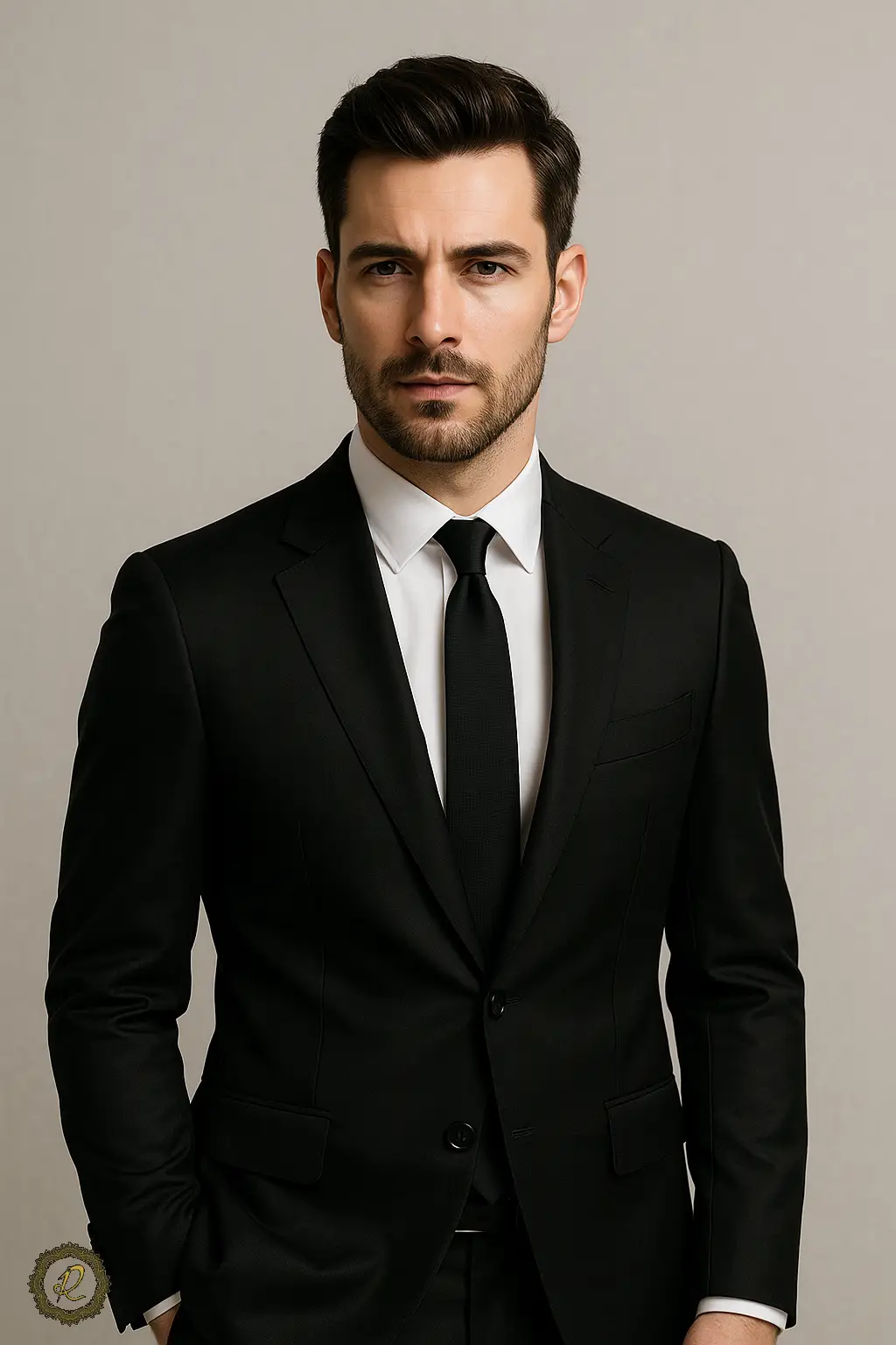 مرد خوش‌پوش با کت‌وشلوار مشکی مدرن و کراوات مینیمال در سال ۲۰۲۶