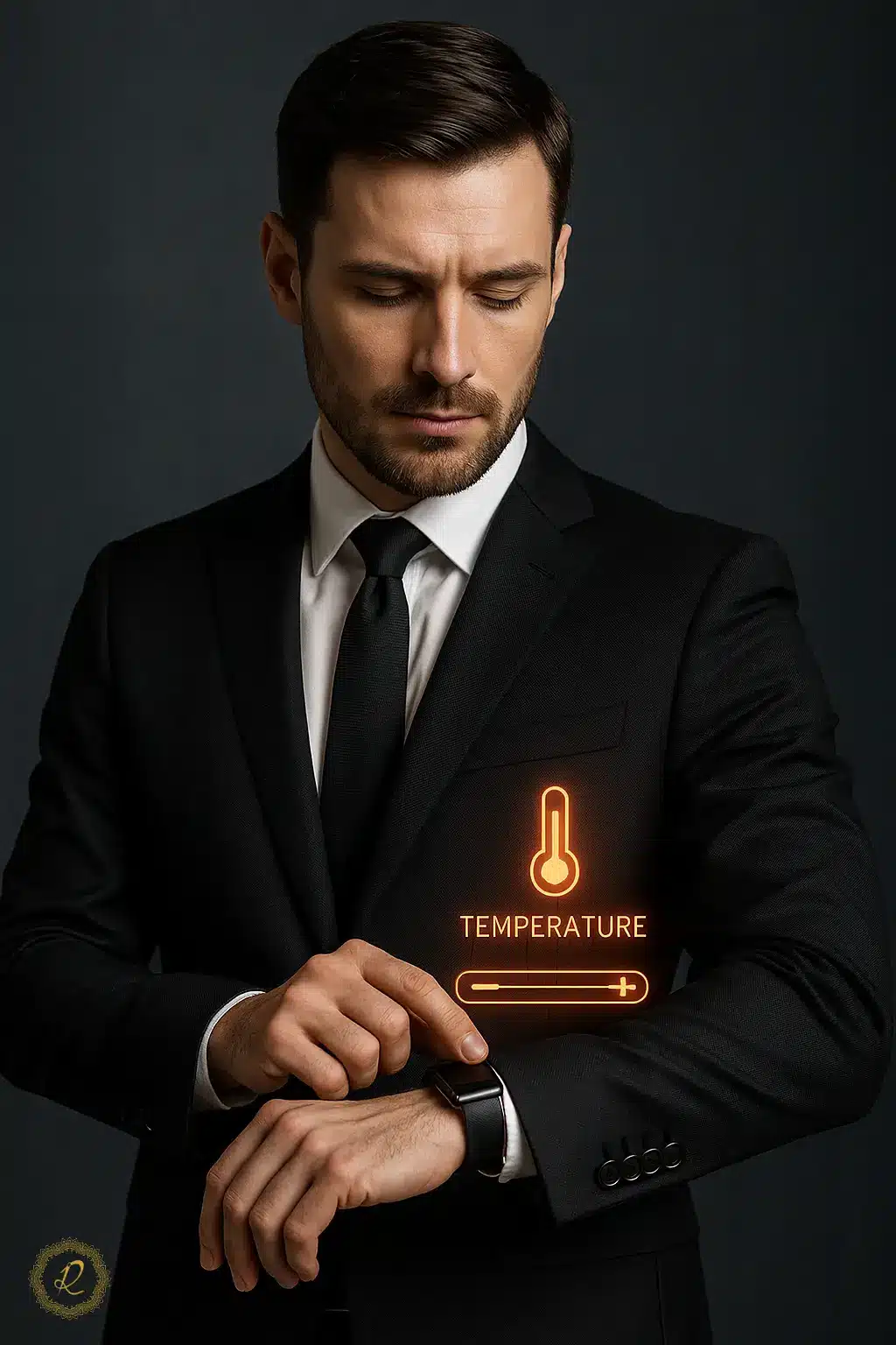مردی با کت‌وشلوار هوشمند مدرن در حال تنظیم دمای لباس