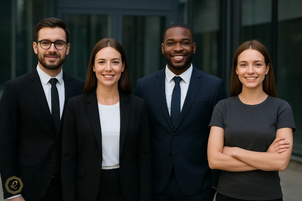 تصویر کارکنان یک شرکت با کت‌وشلوار رسمی و لباس فرم سازمانی که هویت برند را نمایش می‌دهند