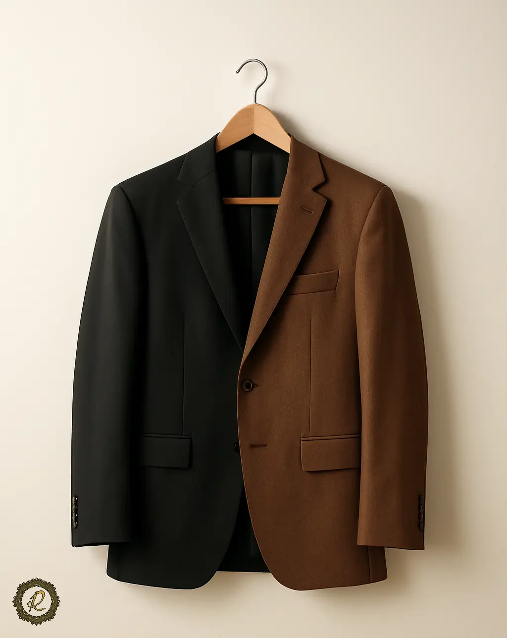 یک کت شلوار مشکی و قهوه‌ای روی چوب لباسی با پس‌زمینه روشن
