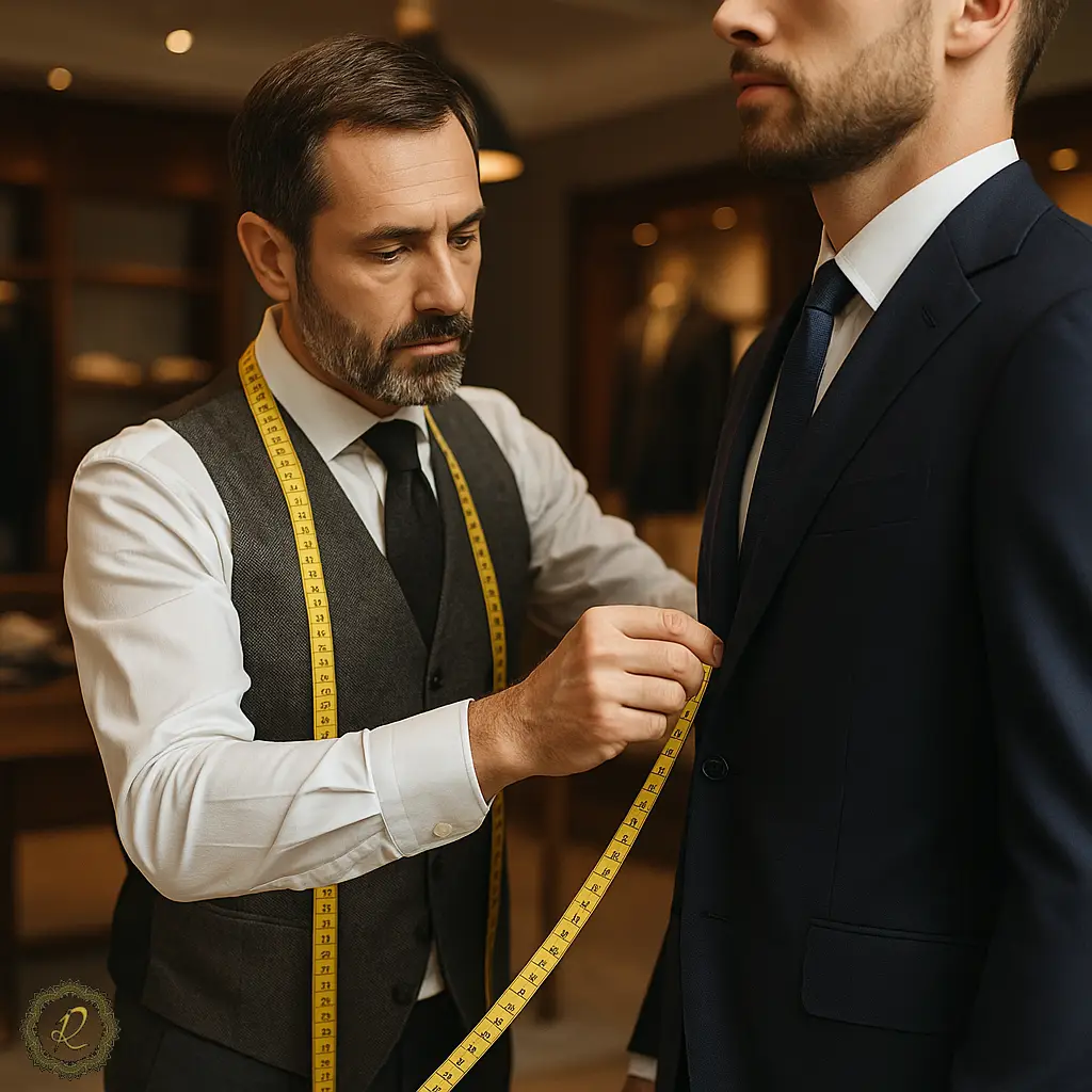  خیاط حرفه‌ای در حال اندازه‌گیری شانه و بازوی مشتری در کارگاه دوخت لوکس