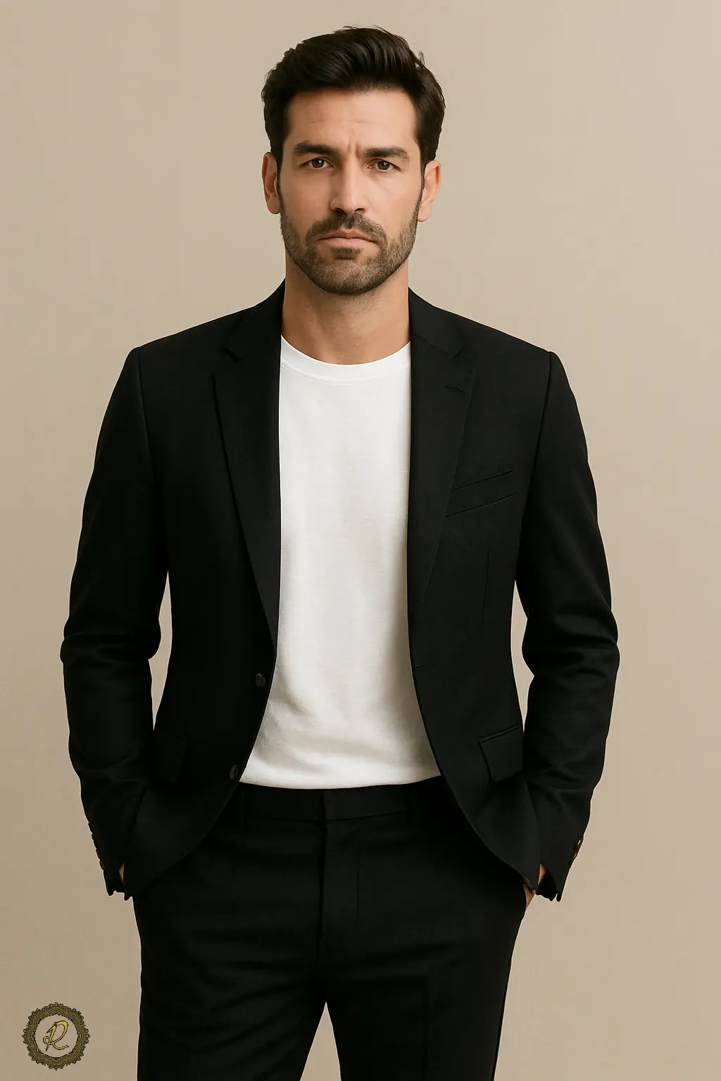 مرد با کت شلوار مشکی و تیشرت سفید زیر کت، سبک کمتر پوشیدن