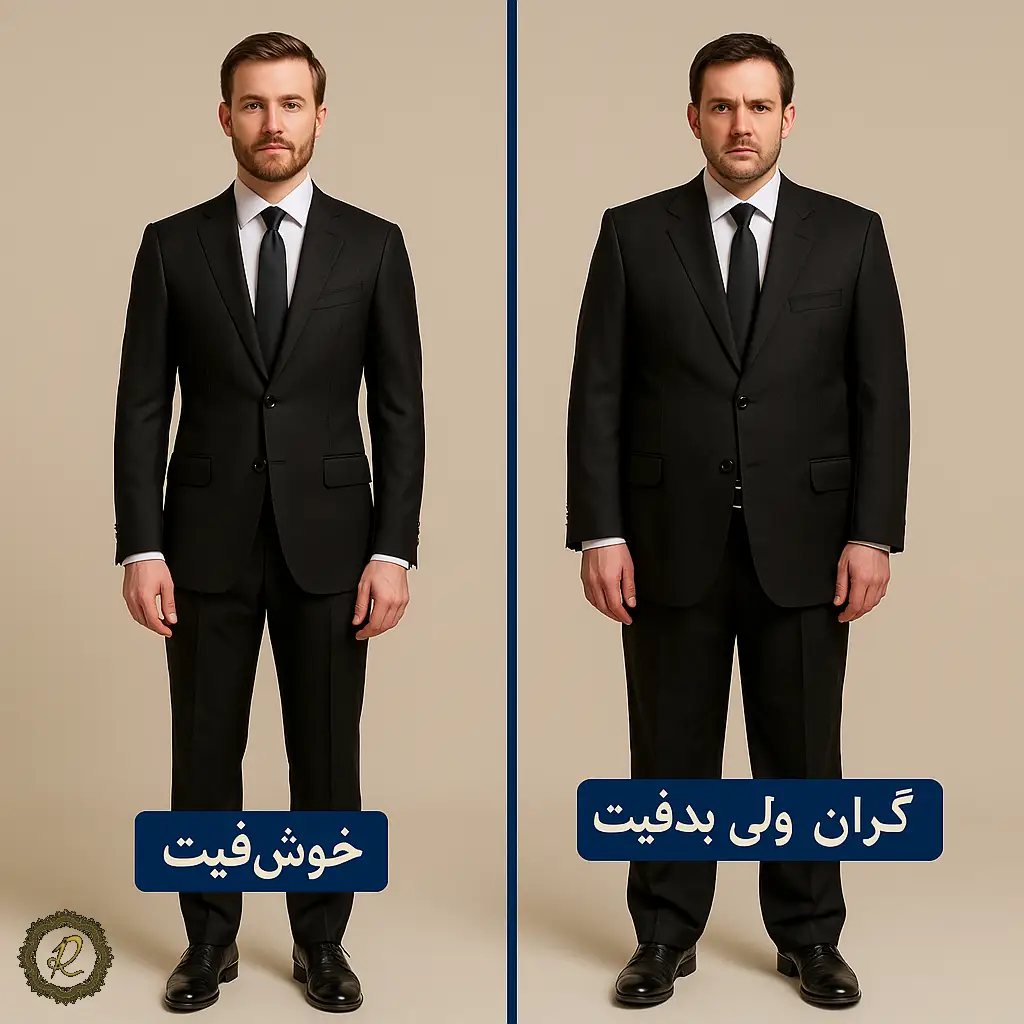 چرا «فیت بدن» مهمتر از قیمت در انتخاب کتوشلوار است؟ 1 دو مرد با کتوشلوار متفاوت؛ یکی خوشفیت و دیگری بدفیت اما گران، مقایسه ظاهری فیت بدن و قیمت