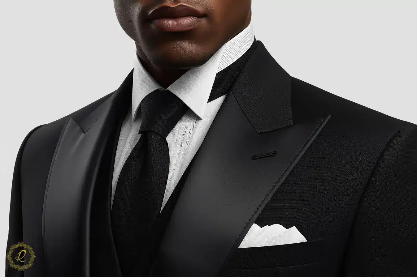 کت‌وشلوار مراسمی مردانه مشکی با برش کلاسیک و یقه براق