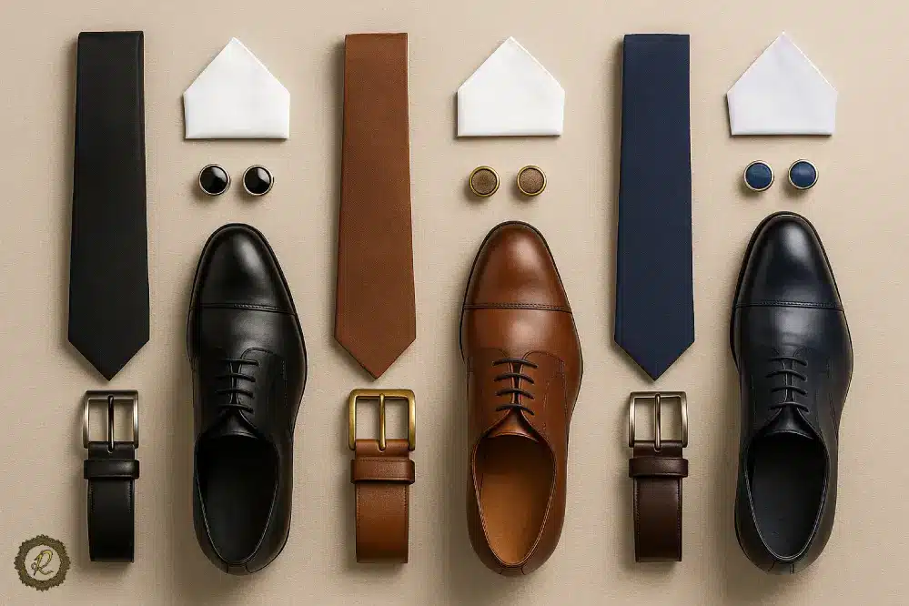 اکسسوری‌های مناسب برای کت‌وشلوار مشکی، قهوه‌ای و سرمه‌ای کنار هم