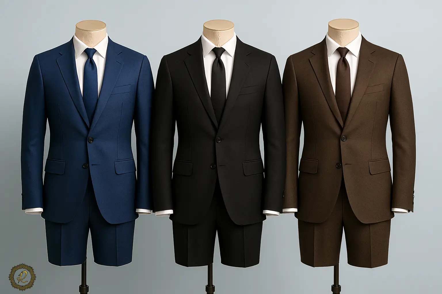 نمونه‌های کت‌وشلوار آبی، مشکی و قهوه‌ای کنار هم – مقایسه جذابیت و محبوبیت