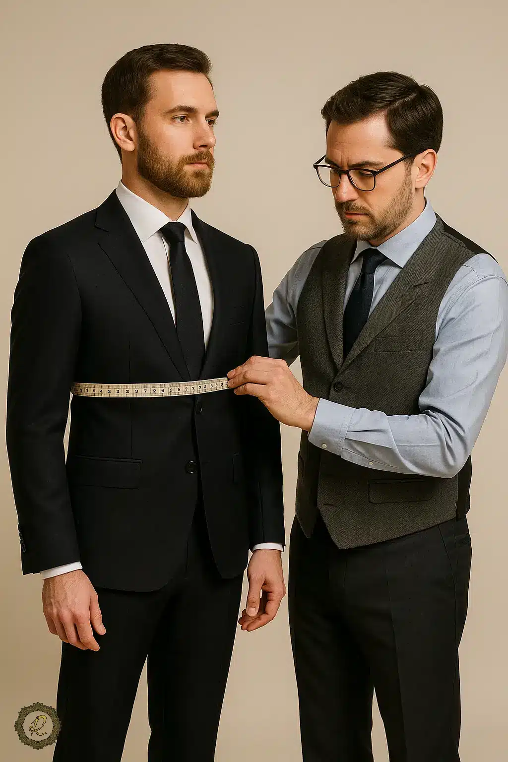 چرا «فیت بدن» مهمتر از قیمت در انتخاب کتوشلوار است؟ 2 خیاط حرفهای در حال اندازهگیری مردی برای دوخت کتوشلوار شخصی