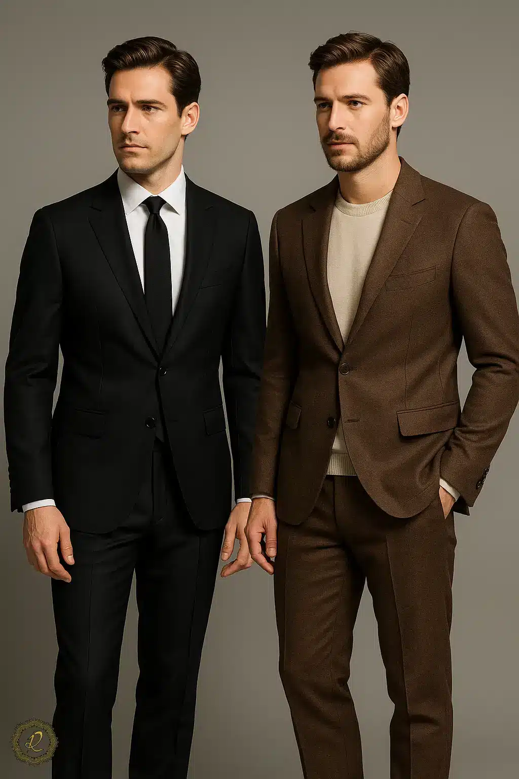  دو مرد با کت‌وشلوار مشکی و قهوه‌ای در کنار هم؛ مقایسه استایل رسمی و نیمه‌رسمی