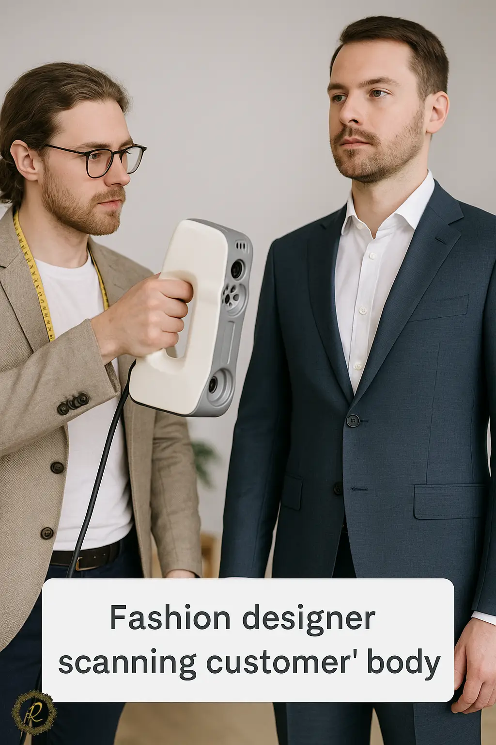 طراح مد در حال اسکن سه‌بعدی بدن مشتری برای دوخت کت‌وشلوار مردانه