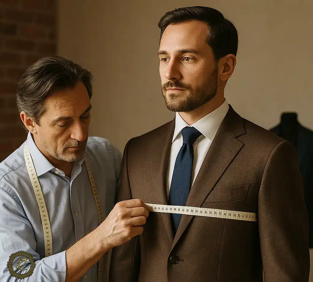  خیاط در حال اندازه‌گیری و شخصی دوزی کت شلوار مردانه با پارچه فاستونی لوکس