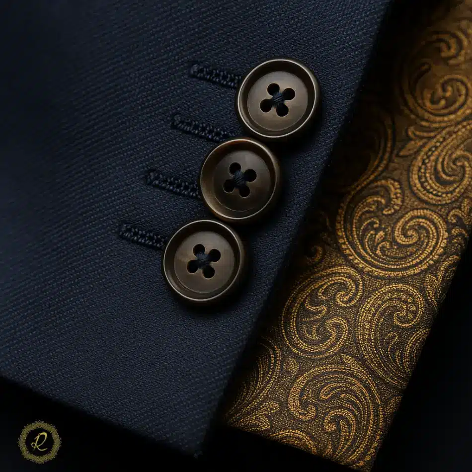  کلوزآپ از دکمه‌های طبیعی و آستر ابریشمی کت‌وشلوار شخصی‌دوزی