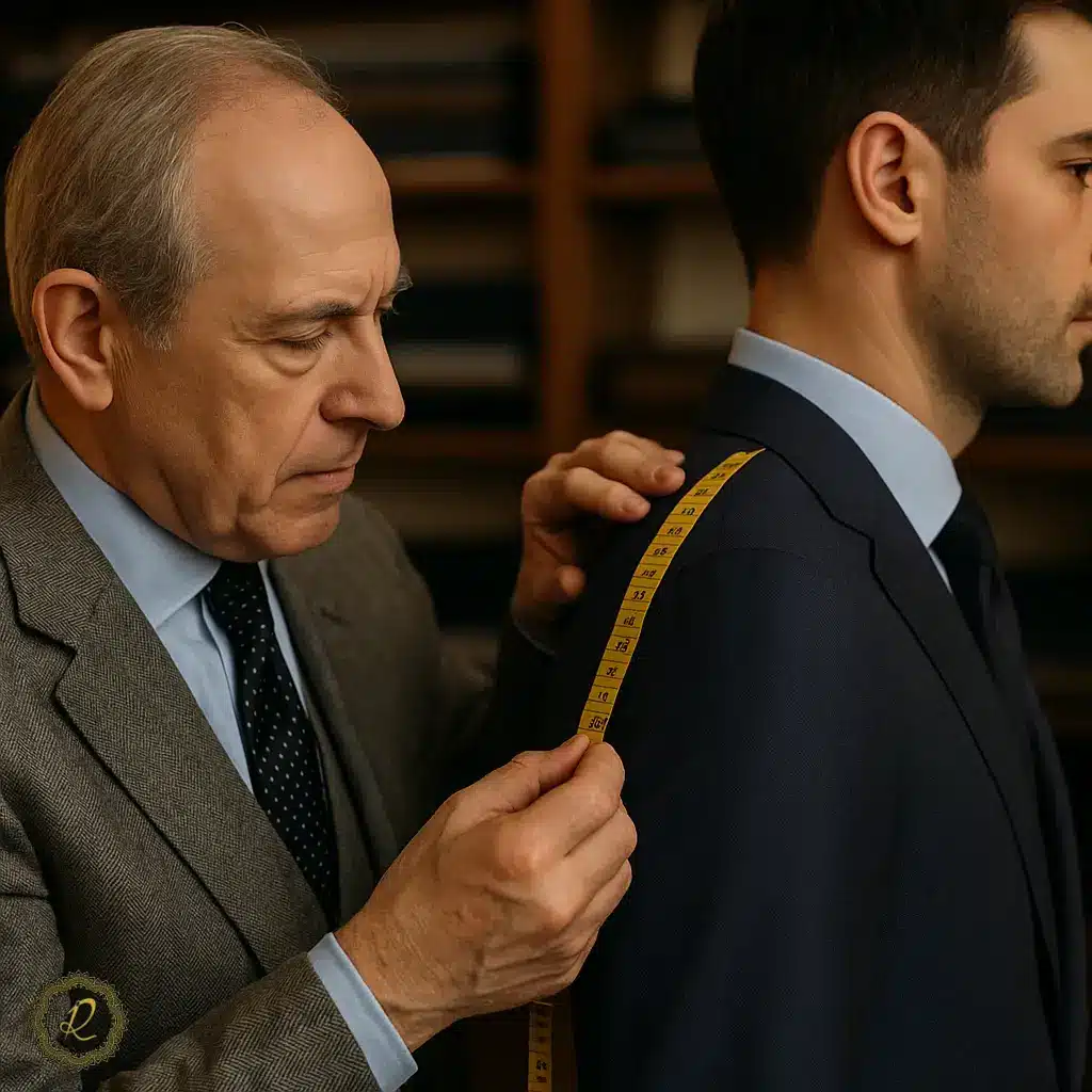 خیاط حرفه‌ای در حال اندازه‌گیری شانه کت‌وشلوار مردانه