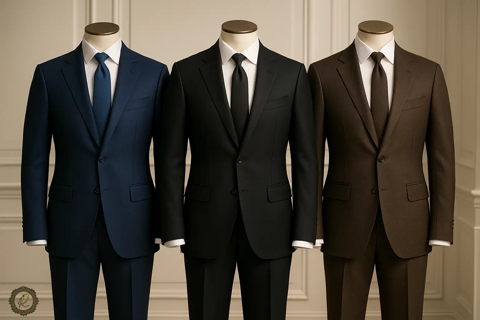 مقایسه کت‌وشلوار سرمه‌ای، مشکی و قهوه‌ای روی مانکن‌های مردانه – استایل مردانه حرفه‌ای