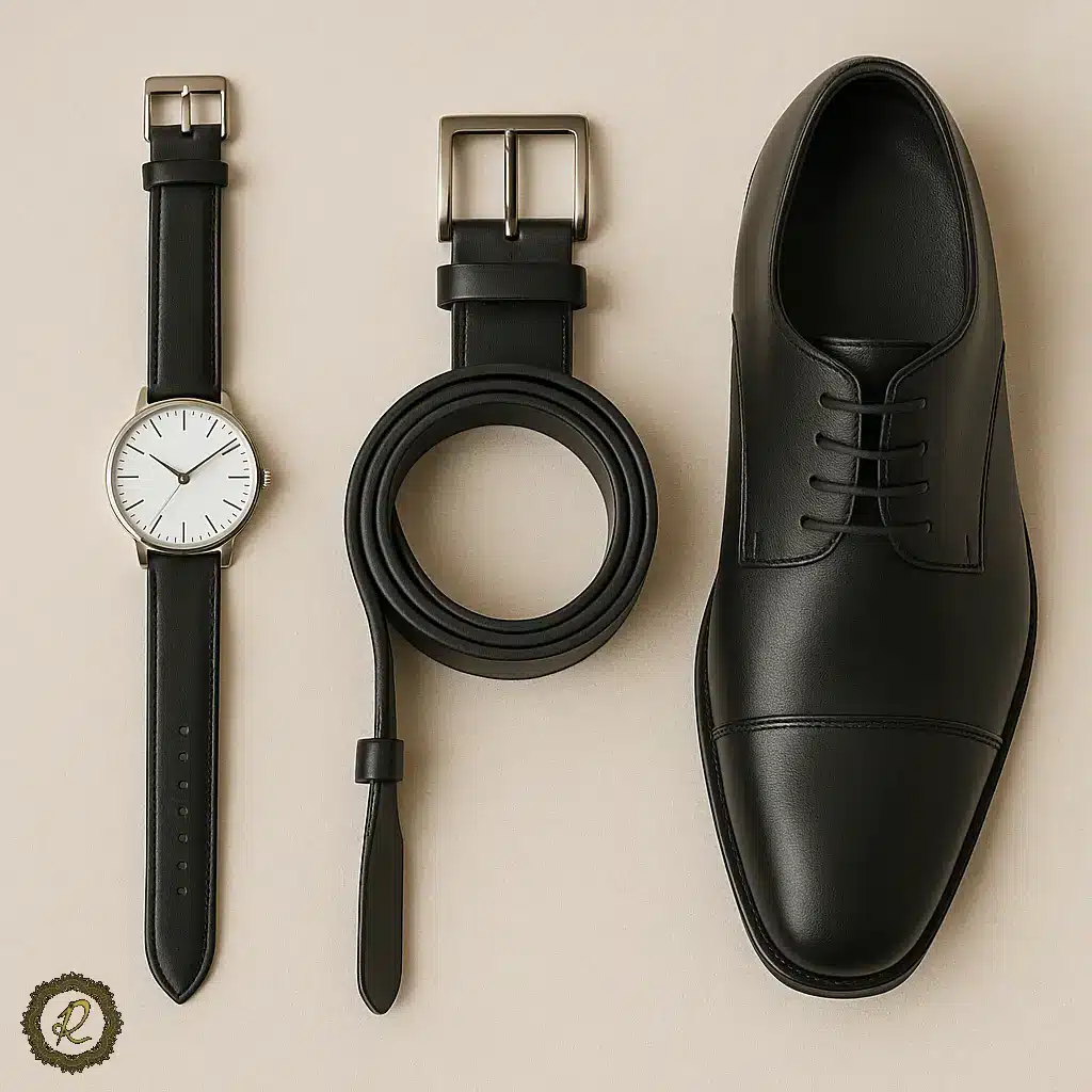 ساعت مردانه ساده، کمربند ظریف، کفش رسمی بدون طرح – اکسسوری‌های مینیمال