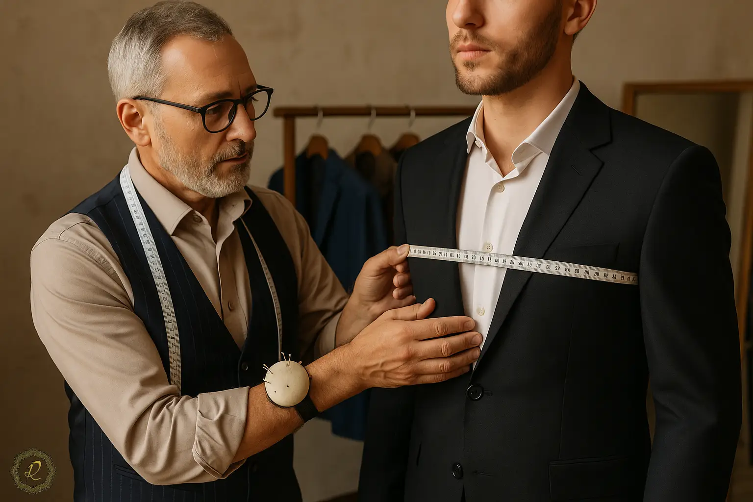  خیاط در حال اندازه‌گیری اندام مشتری برای دوخت کت‌وشلوار شخصی‌دوزی