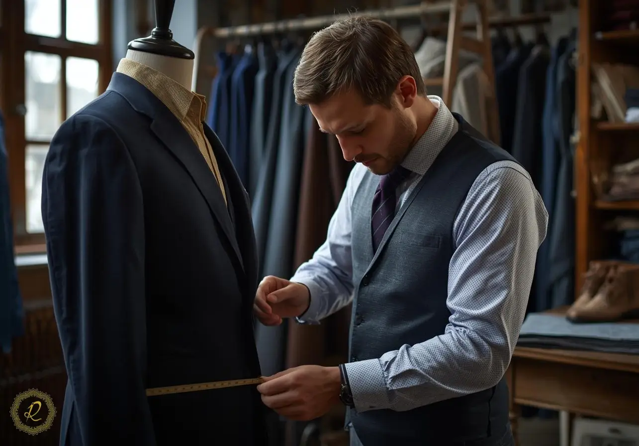 خیاط در حال اندازه‌گیری برای دوخت کت‌وشلوار سفارشی