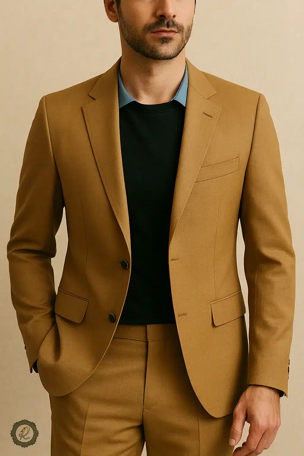 ترکیب رنگ طلایی، کرم، مشکی و آبی روشن در کت شلوار و تیشرت رسمی