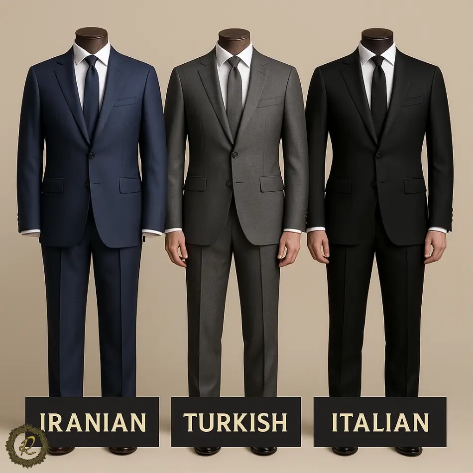  سه مدل کت‌وشلوار مردانه با فیت متفاوت (ایرانی، ترک، ایتالیایی) در کنار هم